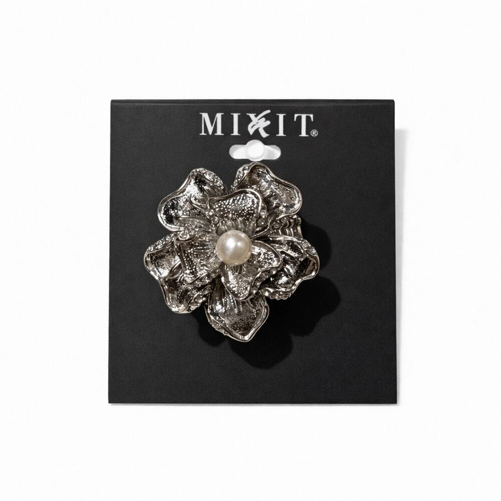 MIXIT Silver Floral Statement Ring w/ Pearl Center | Stretch Band‎